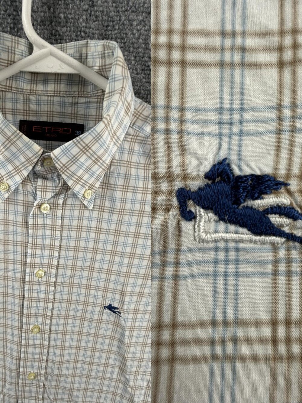 Etro Brown White Milano Button-Down 39 Check Cotton Italy Mens Shirt Long Sleeve